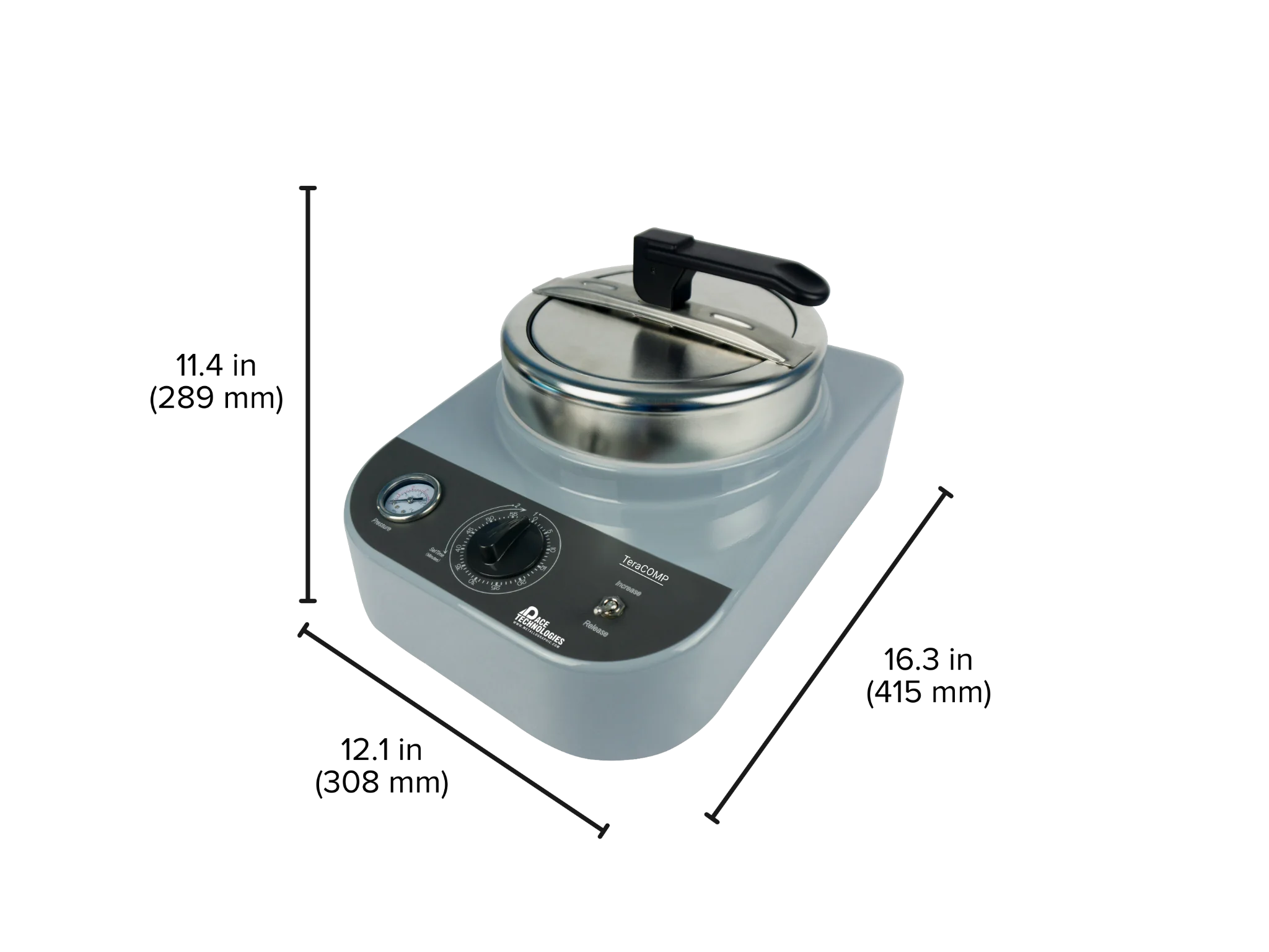 Image of the TeraComp highlighting key dimensions such as width, depth, and length